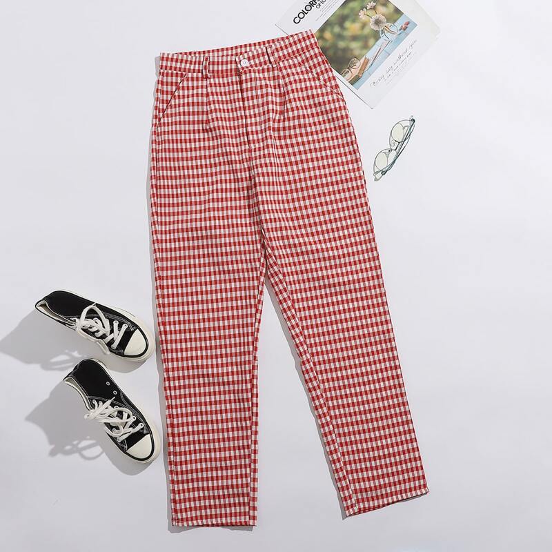 

Gingham Straight Leg Pants, Red and white