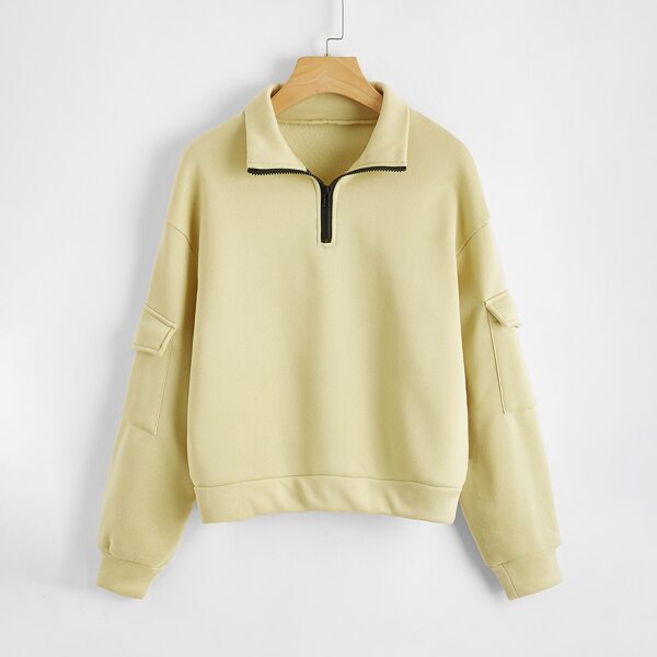 

Flap Pocket Detail Half Zip Fuzzy Lining Sweatshirt, Khaki