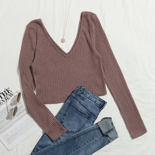 

Double V Neck Waffle Knit Tee, Redwood