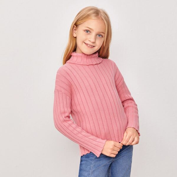 

Girls Rolled Neck Lettuce Edge Solid Sweater, Pink