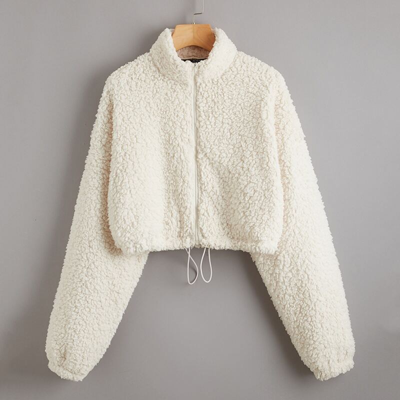 

Funnel Neck Drawstring Hem Teddy Jacket, Beige