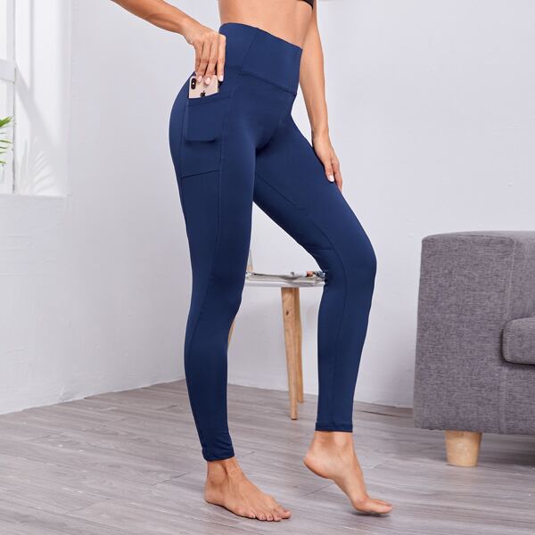 

Wide Band Waist Sports Leggings With Phone Pocket, Navy blue