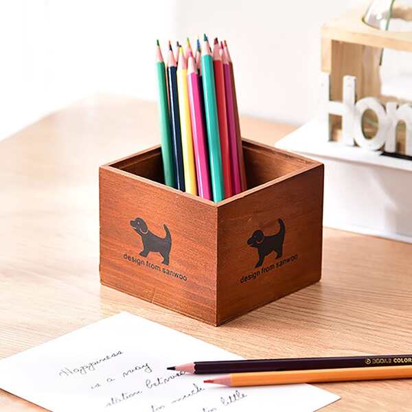 

1pc Dog Print Wooden Pen Holder, Multicolor