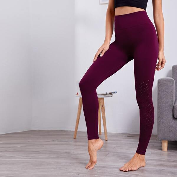 

Laser Cut Wide Band Waist Sports Leggings, Burgundy