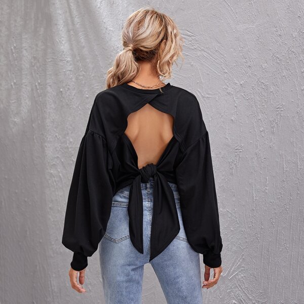 

Drop Shoulder Open Back Knotted Pullover, Black