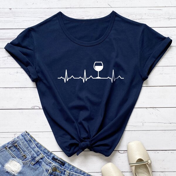

ECG & Wine Print Tee, Navy blue