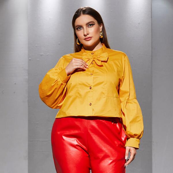 

Plus Bishop Sleeve Bow Detail Blouse, Mustard yellow