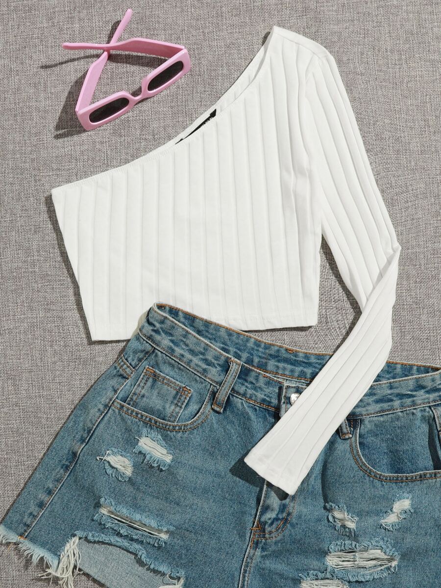 Muchica One Shoulder Rib-knit Crop Top - White - View 1