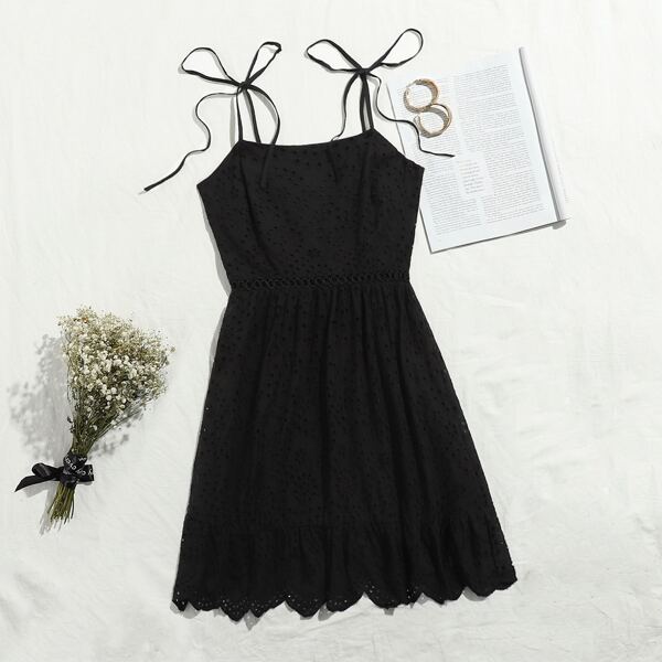

Tied Shoulder Circle Lace Insert Schiffy Cami Dress, Black