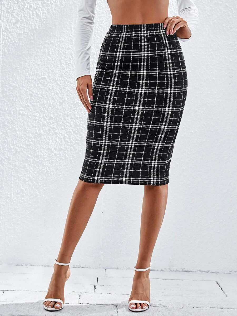 SHEIN BIZwear Elastic Waist Plaid Pencil Skirt Workwear