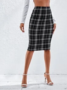 SHEIN BIZwear Elastic Waist Plaid Pencil Skirt Workwear