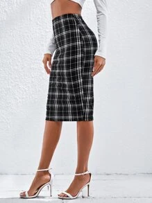 SHEIN BIZwear Elastic Waist Plaid Pencil Skirt Workwear