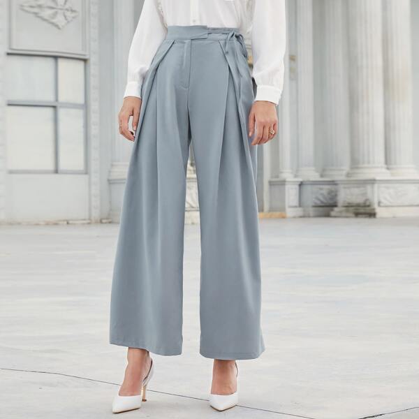 

Solid Self Tie Wide Leg Pants, Dusty blue