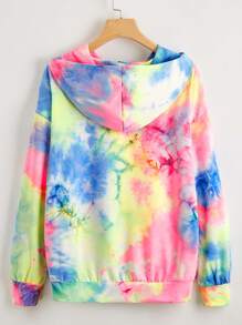 SHEIN Tie Dye Drop Shoulder Drawstring Hoodie - Multicolor - View 2