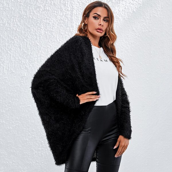 

Batwing Sleeve Fuzzy Knit Coat, Black