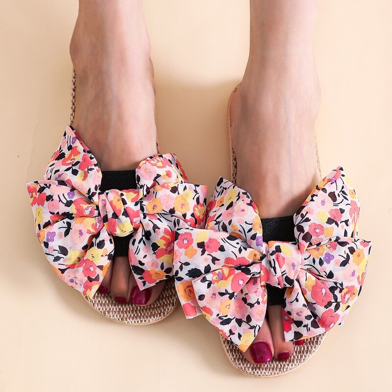 

Bow Decor Floral Graphic Slippers, Multicolor