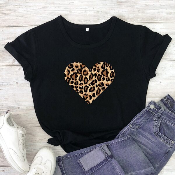 

Leopard And Heart Print Tee, Black