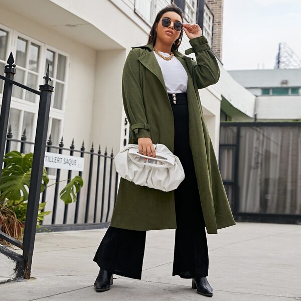 

Plus Notch Collar Buckle Strap Sleeve Self Belted Overcoat, Army green