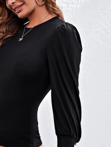 SHEIN Bishop Sleeve Pearl Cuff Top - Black - View 4