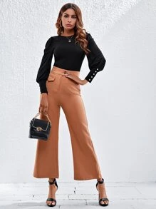 SHEIN Bishop Sleeve Pearl Cuff Top - Black - View 5