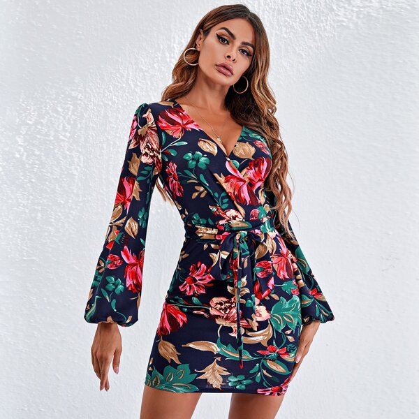 

Lantern Sleeve Belted Floral Print Dress, Multicolor