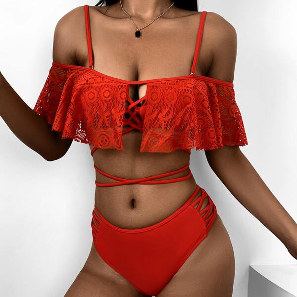 

Flounce Hem Crisscross Bikini Swimsuit, Red