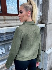 Áo khoác moto Dây kéo Suedette - xanh quân đội - Xem 2