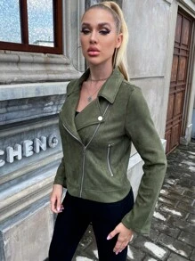 Áo khoác moto Dây kéo Suedette - xanh quân đội - Xem 3