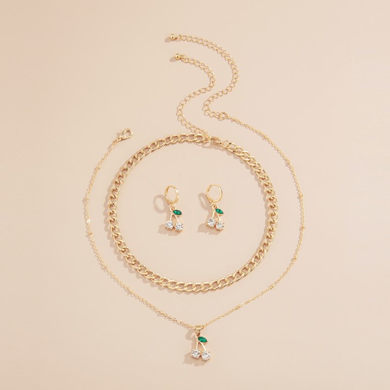 

4pcs Rhinestone Decor Cherry Charm Jewelry Set, Gold
