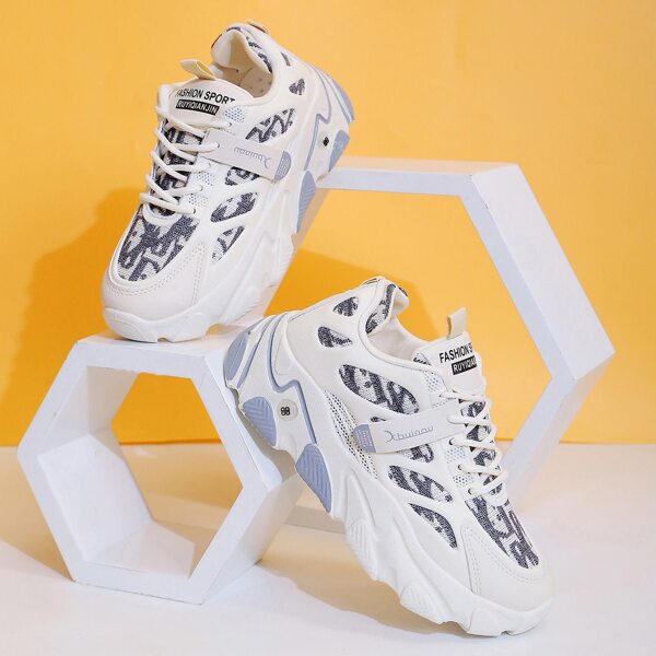 

Letter Tape Decor Lace-up Front Chunky Sneakers, Beige