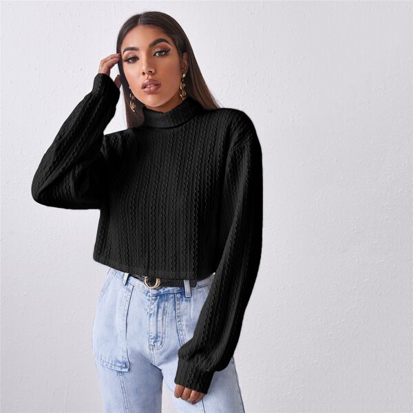 

Turtle Neck Cable Knit Top, Black