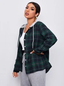 SHEIN LUNE Contrast Hooded Tartan Coat - Multicolor - View 1