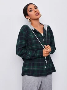 SHEIN LUNE Contrast Hooded Tartan Coat - Multicolor - View 4