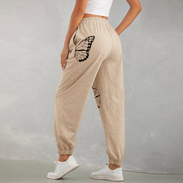 

Butterfly Print Elastic Waist Sweatpants, Apricot