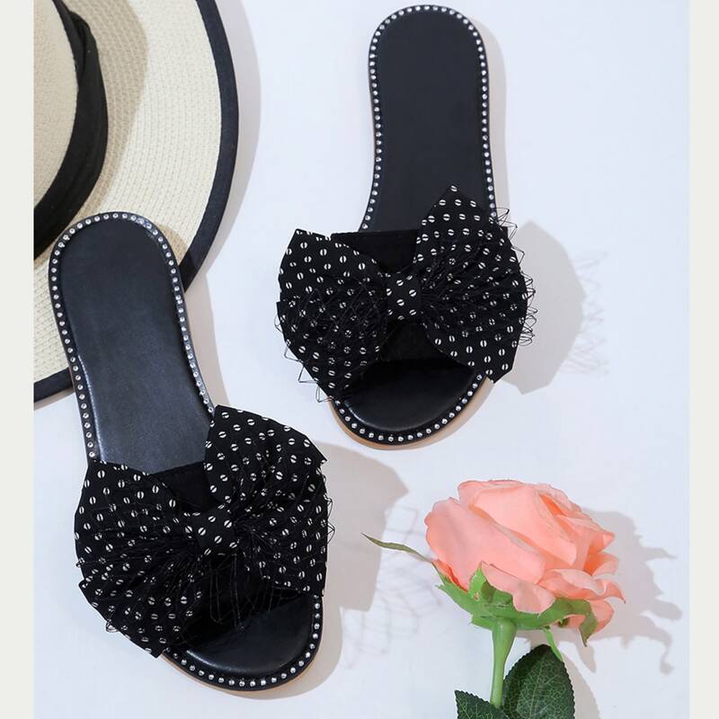

Bow Decor Polka Dot Slide Sandals, Black
