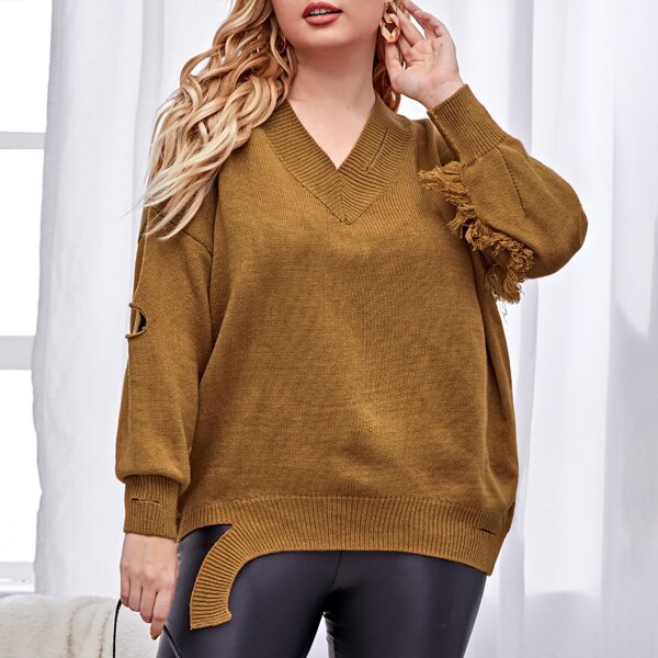

Plus V-neck Ripped Fringe Trim Sweater, Mustard yellow