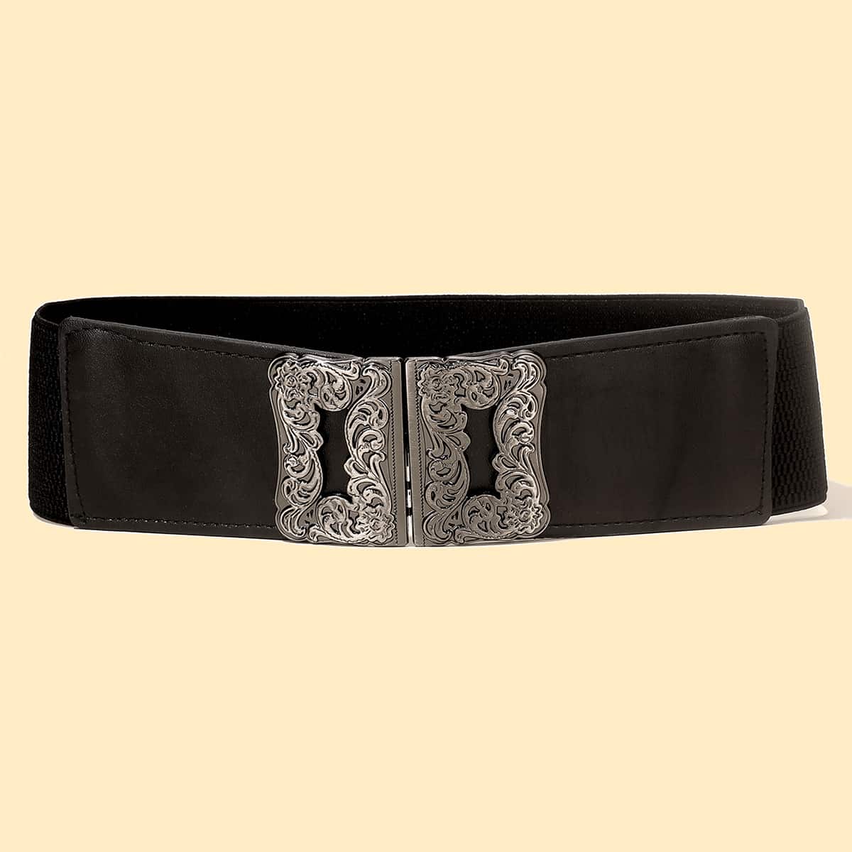 

Floral Buckle Wide Belt, Black
