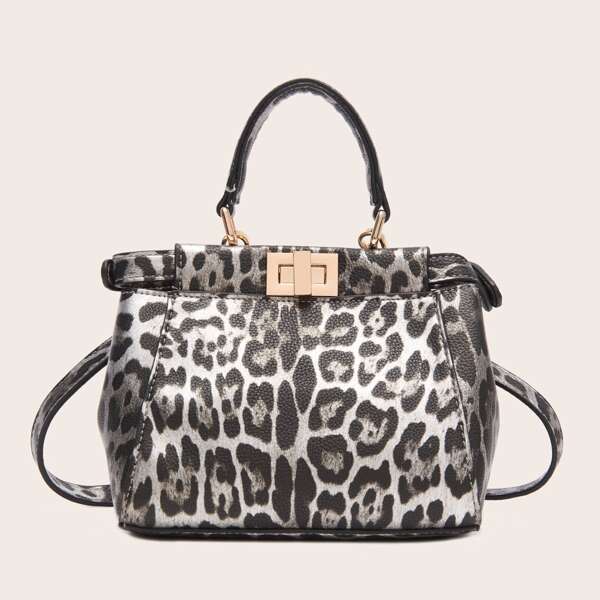 

Leopard Twist Lock Satchel Bag, Silver