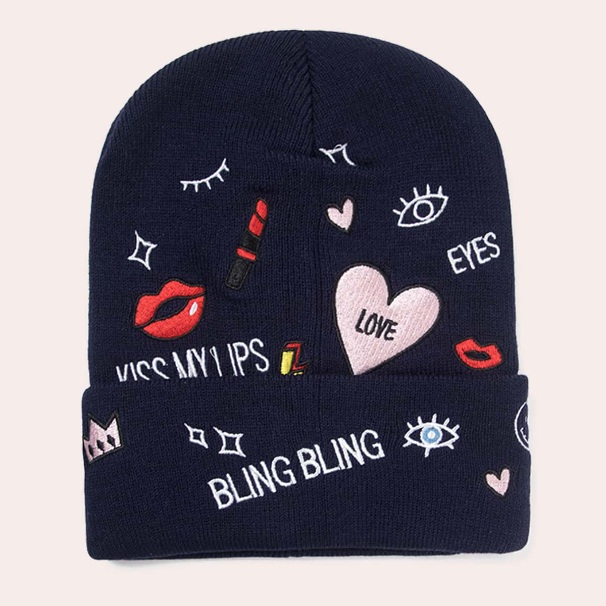 

Graphic Embroidery Cuffed Beanie, Navy blue