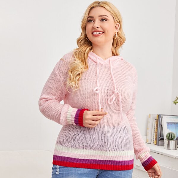 

Plus Stripe Pattern Hooded Sweater, Baby pink