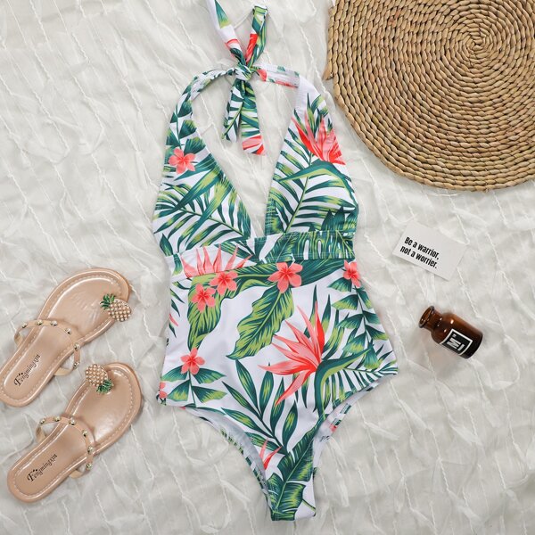 

Tropical & Floral Halter One Piece Swimsuit, Multicolor
