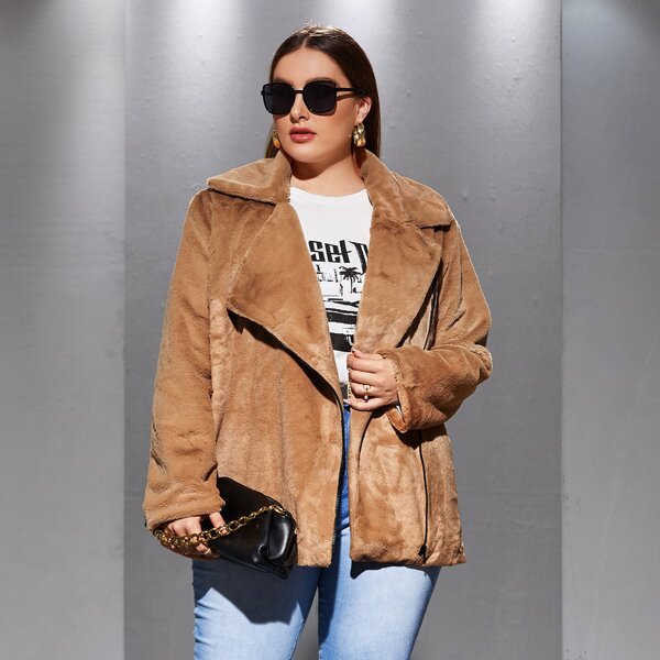 

Plus Lapel Collar Zipper Front Teddy Coat, Camel