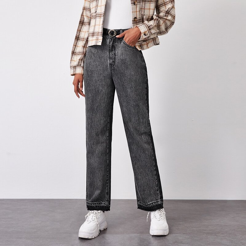 

High Waist Raw Hem Straight Jeans Without Belt, Dark grey
