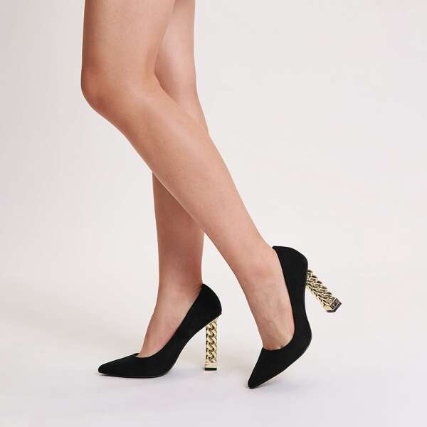 

Point Toe Sculptural Heeled Court Pumps, Black