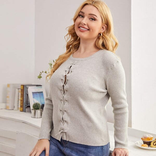 

Plus Lace Up Rib-knit Sweater, Light grey