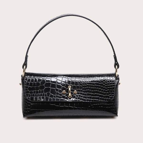 

Croc Embossed Baguette Bag, Black