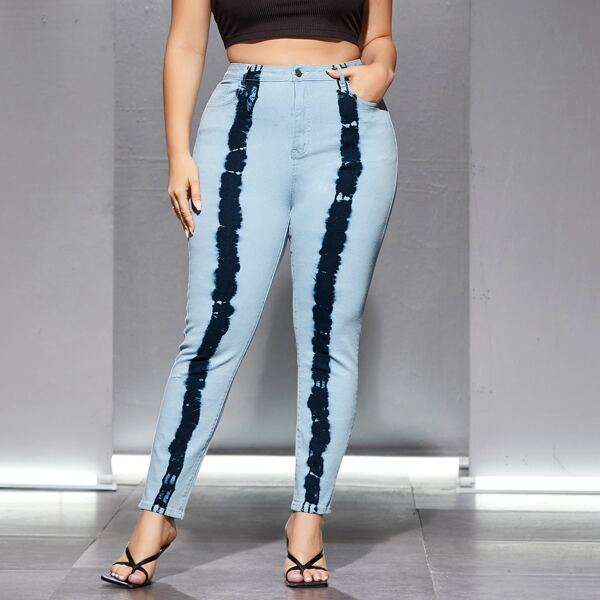 

Plus Curvy High Waist Tie Dye Skinny Jeans, Light wash