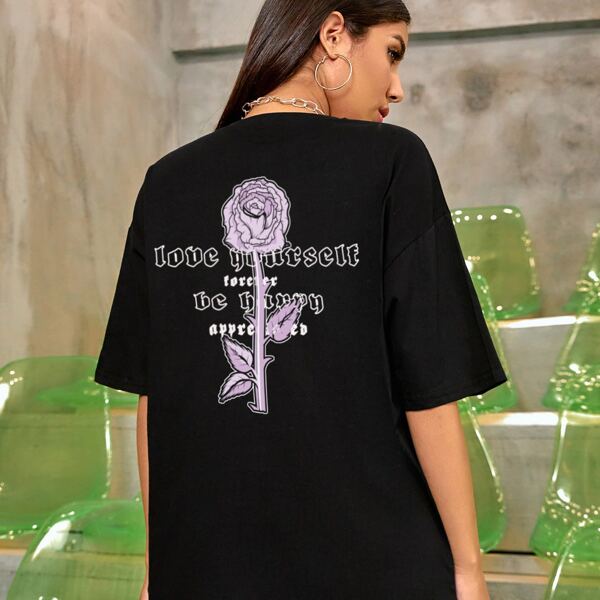 

Floral And Slogan Graphic Oversized Tee, Black