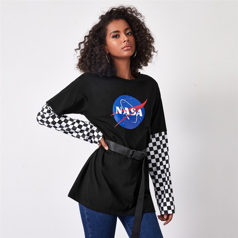 

Checkerboard Sleeve Letter Graphic Belted Combo Tee, Black