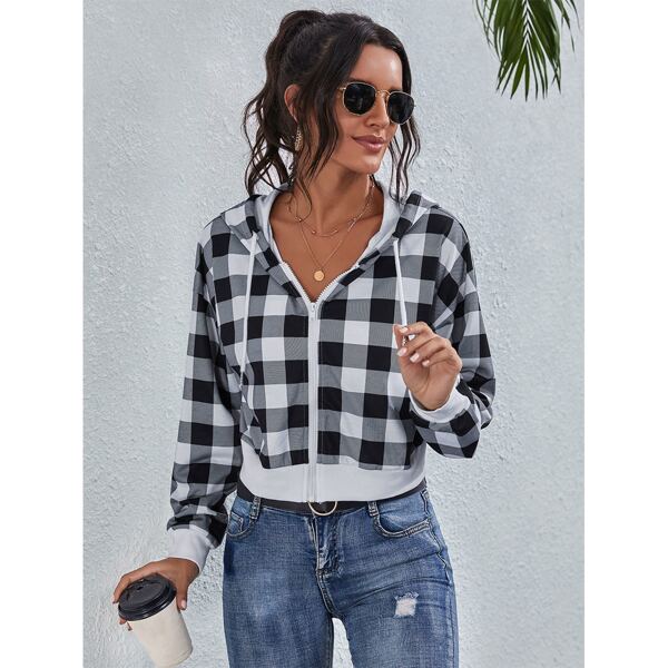 

Buffalo Plaid Zip Up Hooded Sweatshirt, Black and white